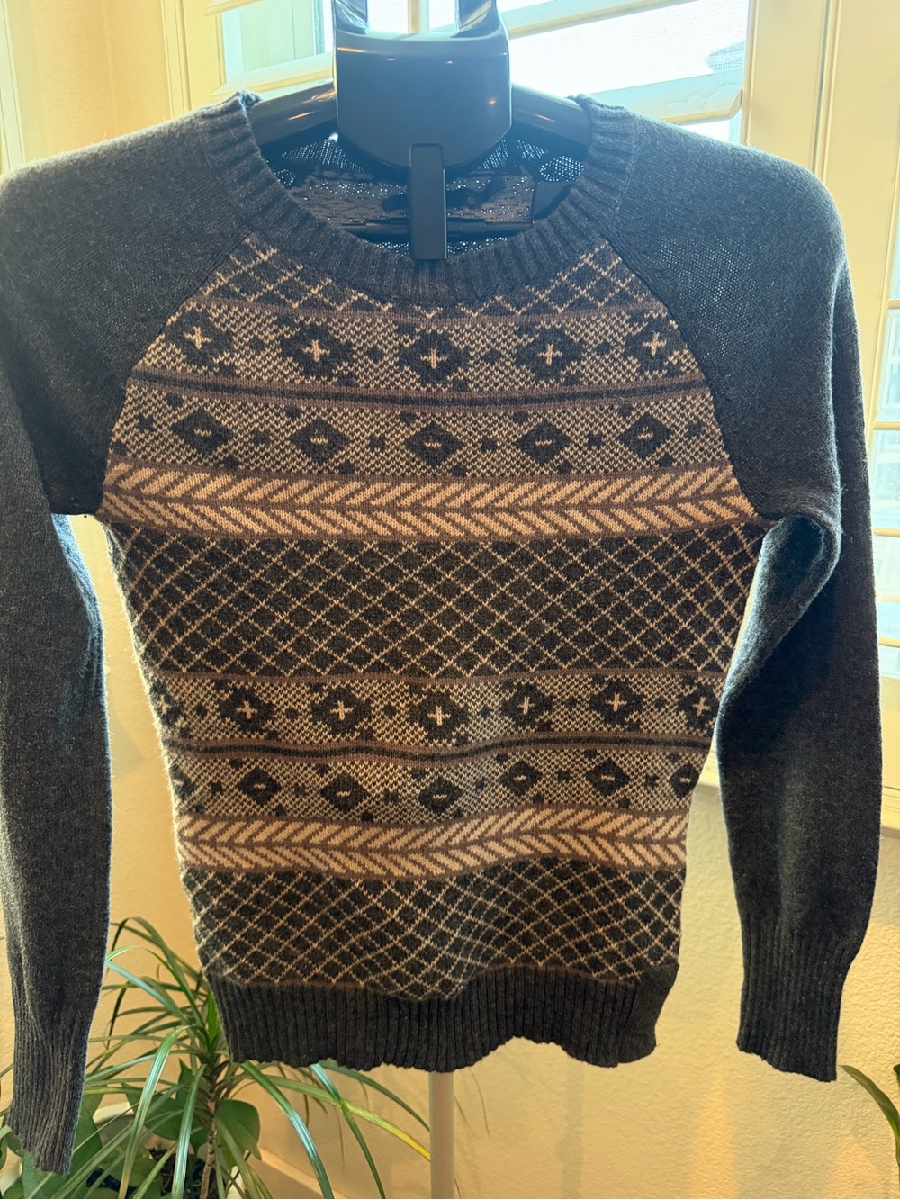 prAna Ramona Crewneck Sweater Fair Isle Lambswool Blend Gray S
